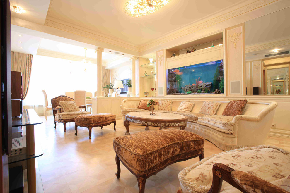 Photo of a large traditional formal open plan living room in Moscow with beige walls, light hardwood flooring and a wall mounted tv.