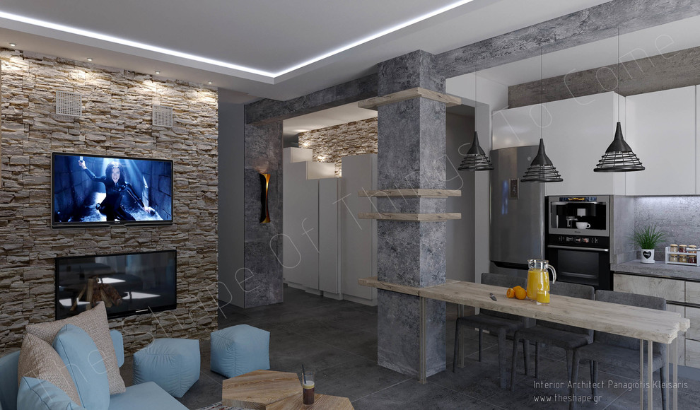 Стильный дизайн: большая гостиная комната в стиле лофт с бежевыми стенами, телевизором на стене и серым полом - последний тренд