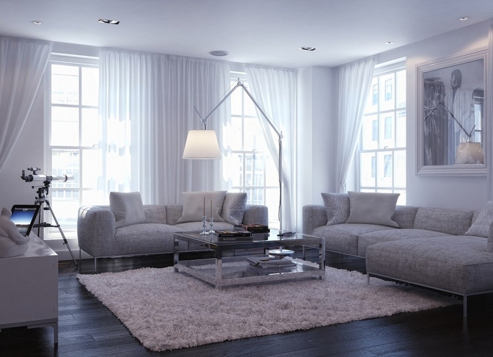 Imagen de salón abierto contemporáneo de tamaño medio con paredes blancas, suelo de madera oscura y televisor colgado en la pared