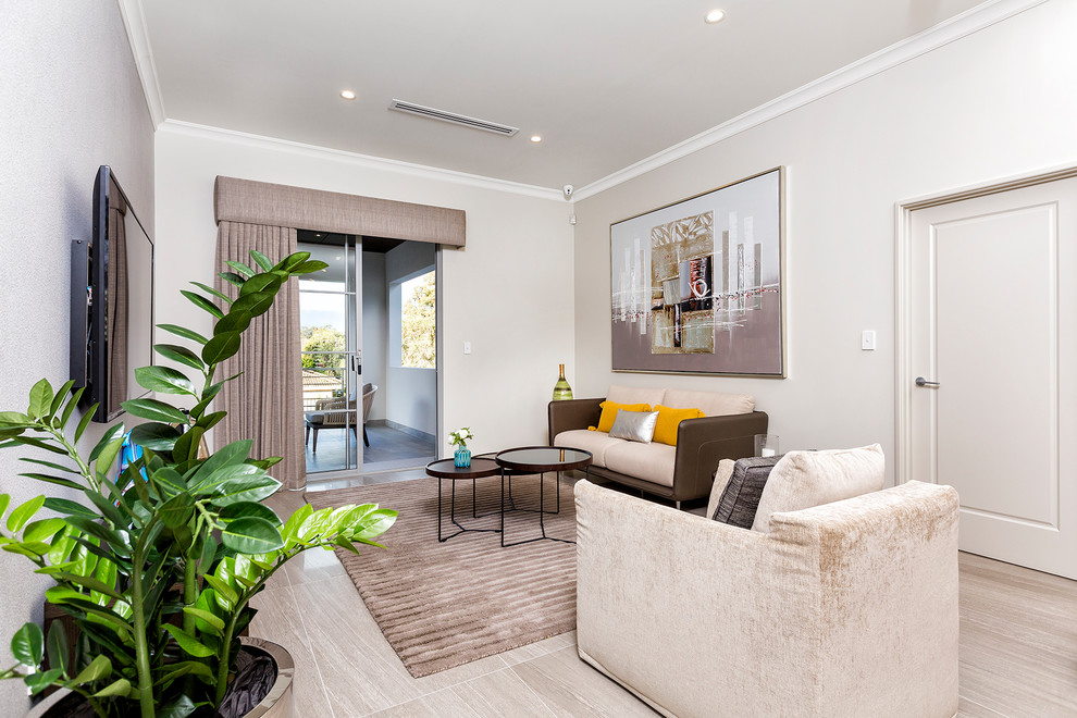 Photo of a medium sized contemporary formal open plan living room in Perth with beige walls, ceramic flooring and a wall mounted tv.