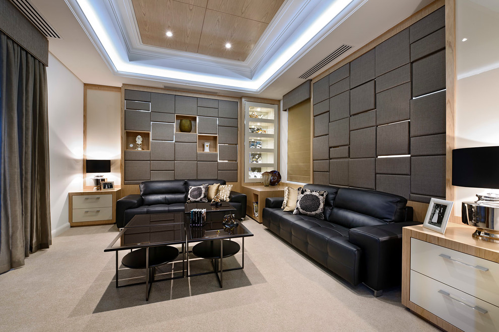Idée de décoration pour un salon design avec une salle de réception, un mur beige et moquette.