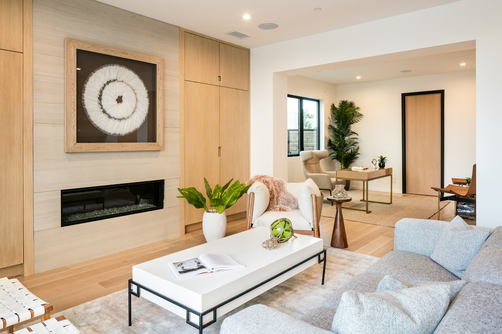 Modernes Wohnzimmer mit weißer Wandfarbe, hellem Holzboden, Gaskamin und Kaminumrandung aus Stein in Los Angeles