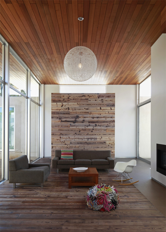 Modernes Wohnzimmer mit weißer Wandfarbe, Kaminumrandung aus Metall und Holzdecke in Los Angeles