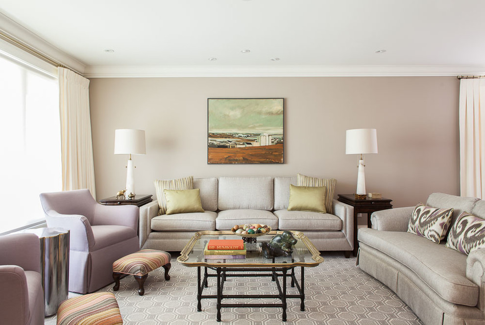 Immagine di un soggiorno design di medie dimensioni e aperto con pareti grigie, moquette, sala formale e pavimento grigio