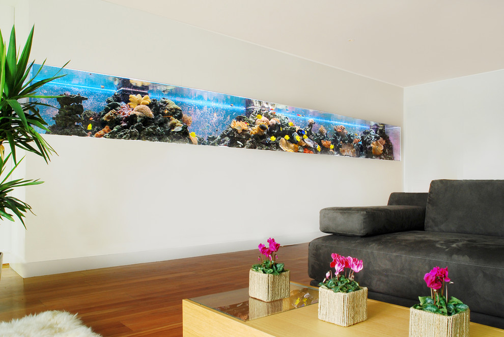 Example of a minimalist living room design in London with white walls
