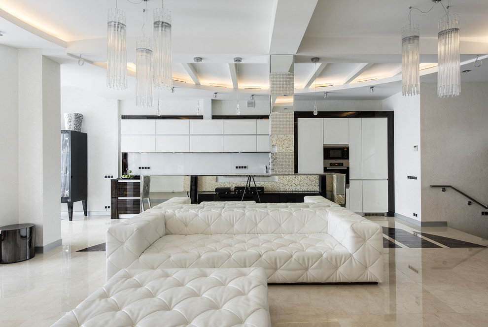 Inspiration for a large contemporary formal open plan living room in Palma de Mallorca with white walls and no tv.