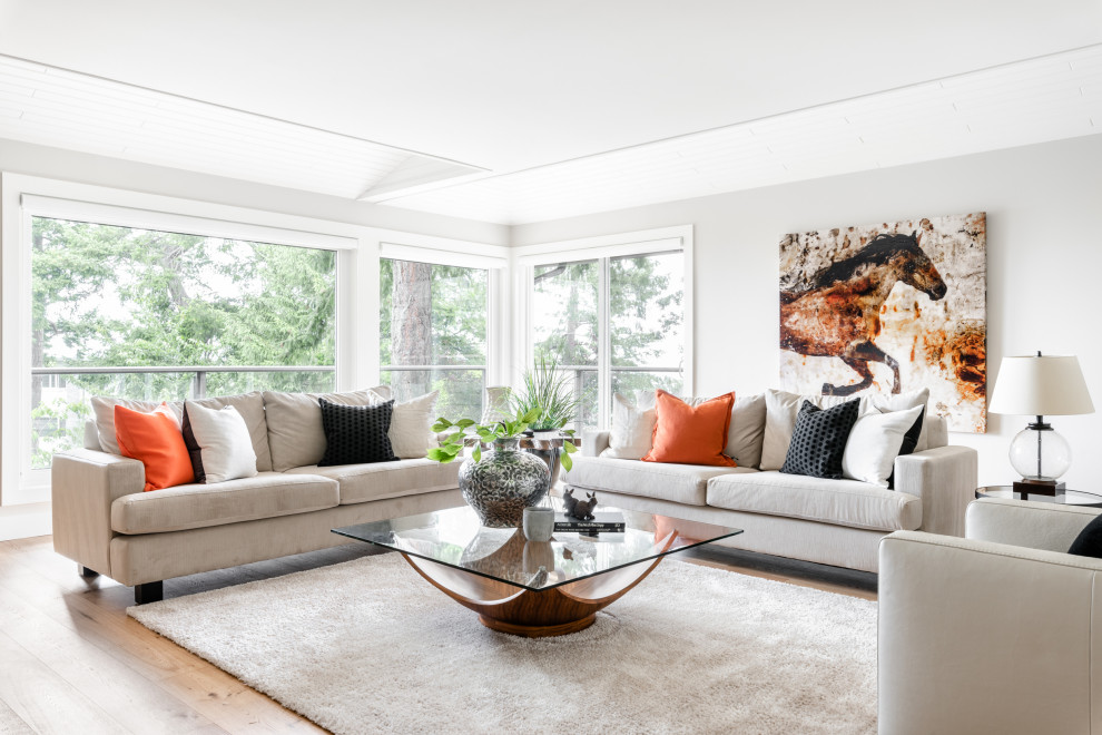 Esempio di un soggiorno minimal con pareti grigie, parquet chiaro e pavimento beige