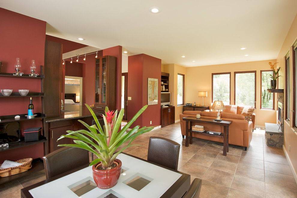 Trendy open concept living room photo in San Francisco with a tv stand
