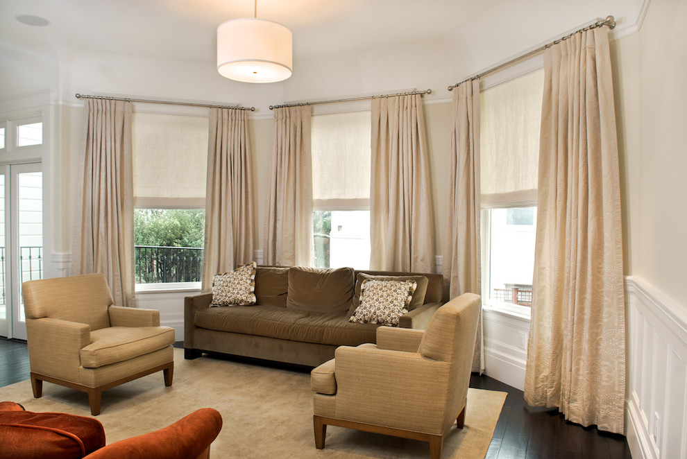 Design ideas for a contemporary living room curtain in San Francisco with beige walls.