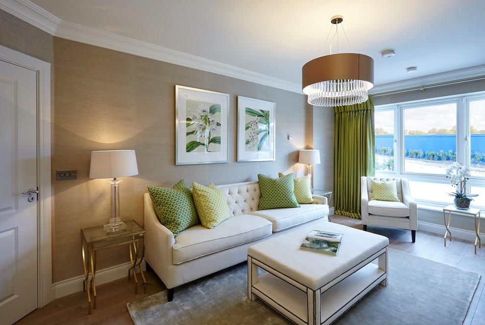 Idee per un soggiorno classico di medie dimensioni con pareti beige