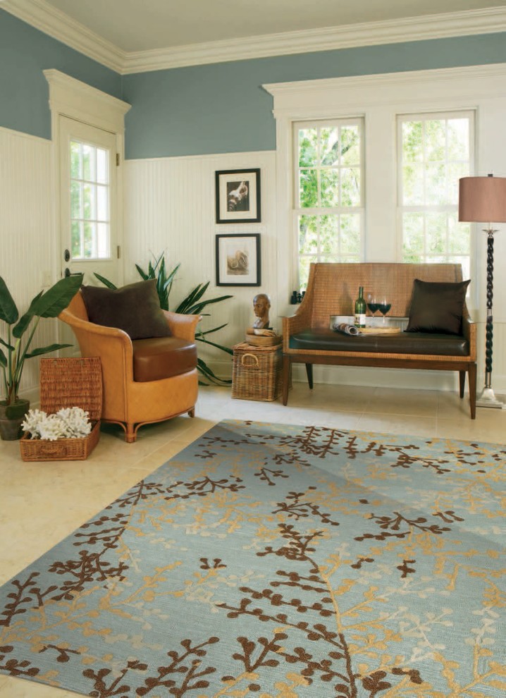 Idéer för mellanstora maritima separata vardagsrum, med ett finrum, blå väggar, klinkergolv i keramik och beiget golv
