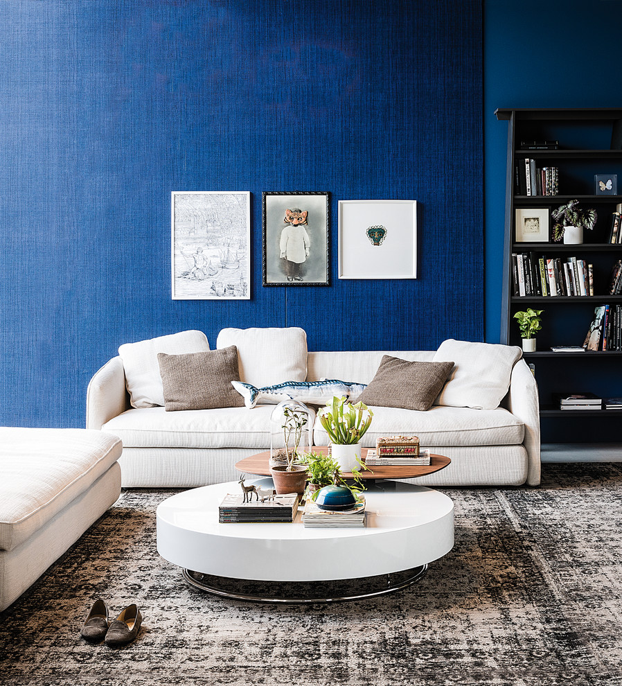 Idéer för att renovera ett stort funkis separat vardagsrum, med ett finrum, blå väggar, heltäckningsmatta och grått golv