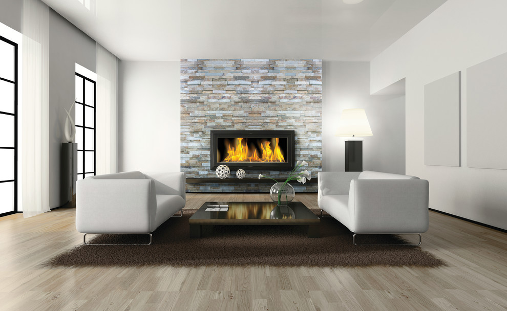 Example of a mid-sized minimalist enclosed light wood floor living room design in Toronto with white walls, a ribbon fireplace, a stone fireplace and no tv