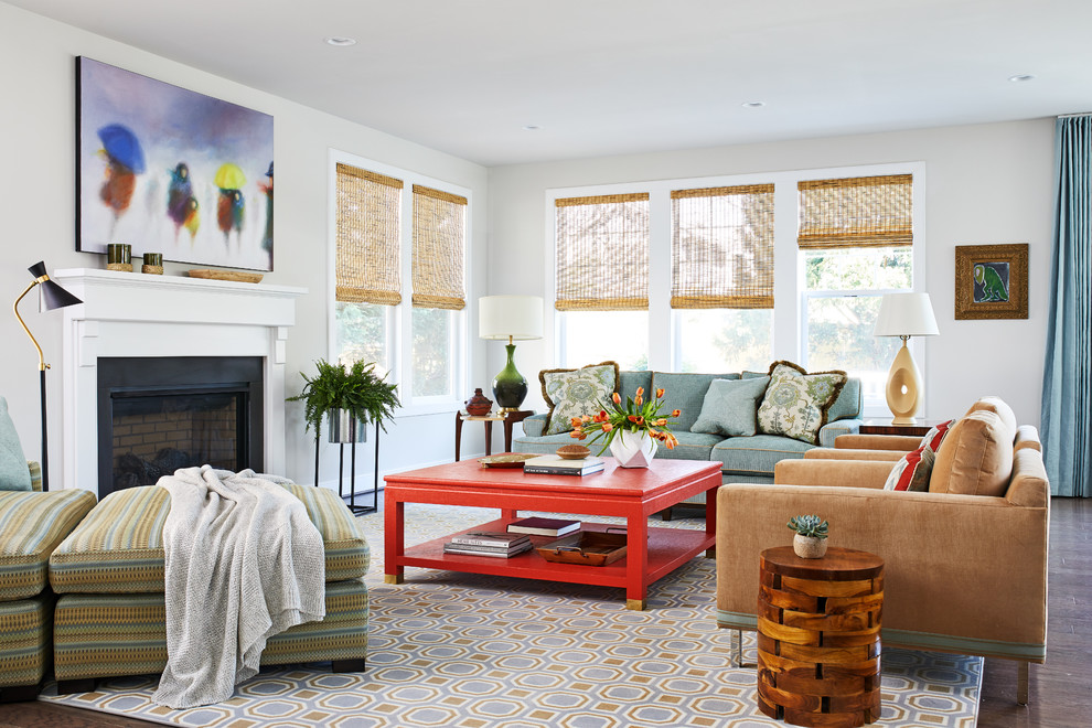 This is an example of a medium sized classic enclosed living room in Boston with grey walls, dark hardwood flooring, a standard fireplace, brown floors, a concrete fireplace surround and no tv.