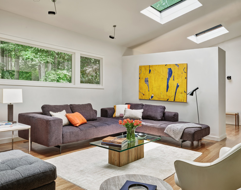 Mittelgroßes, Fernseherloses, Offenes Modernes Wohnzimmer mit weißer Wandfarbe, braunem Holzboden und braunem Boden in New York