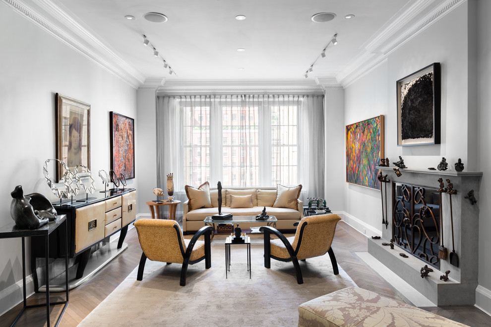 Eclectic living room in New York with grey walls.