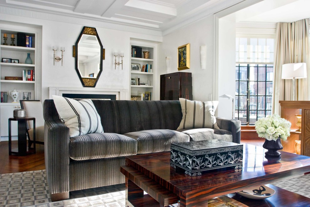 Living room - mid-sized traditional formal and open concept dark wood floor living room idea in New York with white walls and a standard fireplace