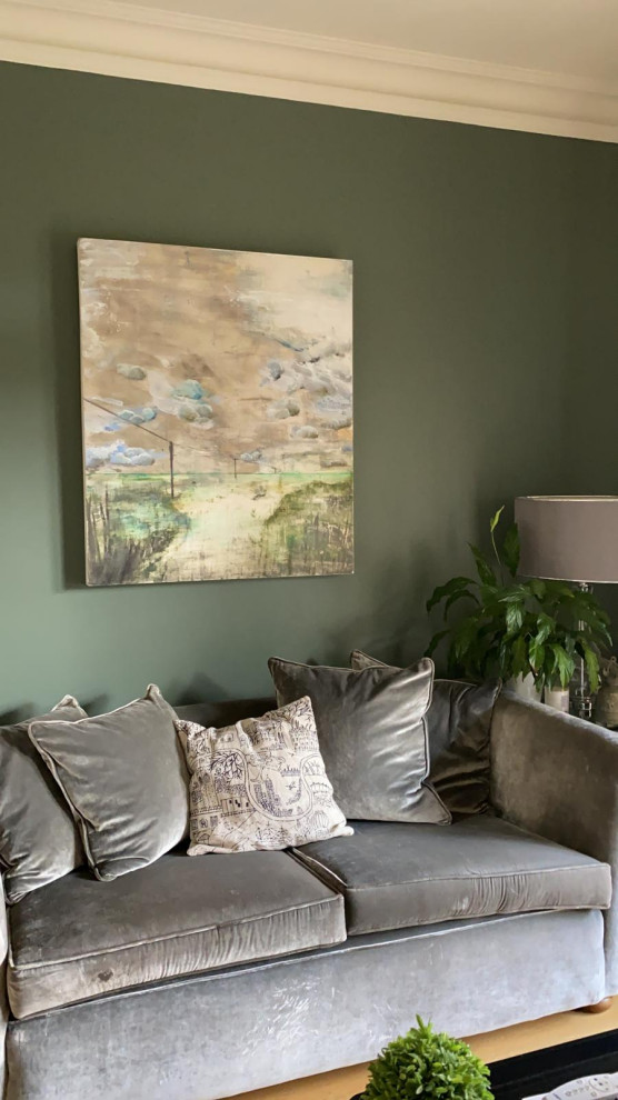 Foto di un soggiorno minimal di medie dimensioni e chiuso con pareti verdi, parquet chiaro e pavimento marrone