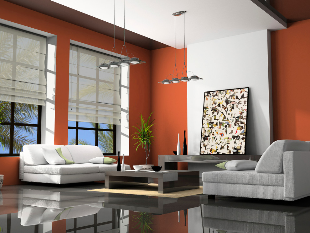 Стильный дизайн: парадная, открытая гостиная комната среднего размера в стиле модернизм с оранжевыми стенами и полом из керамогранита - последний тренд