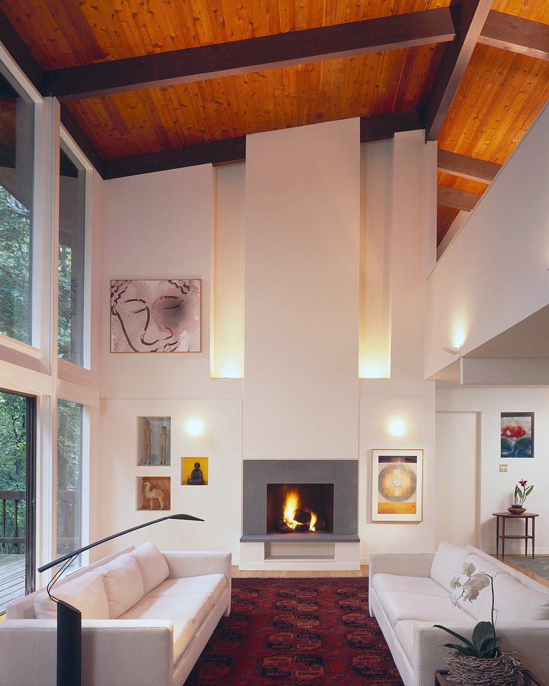 Modelo de salón tipo loft minimalista con paredes blancas, suelo de madera clara, todas las chimeneas y marco de chimenea de hormigón