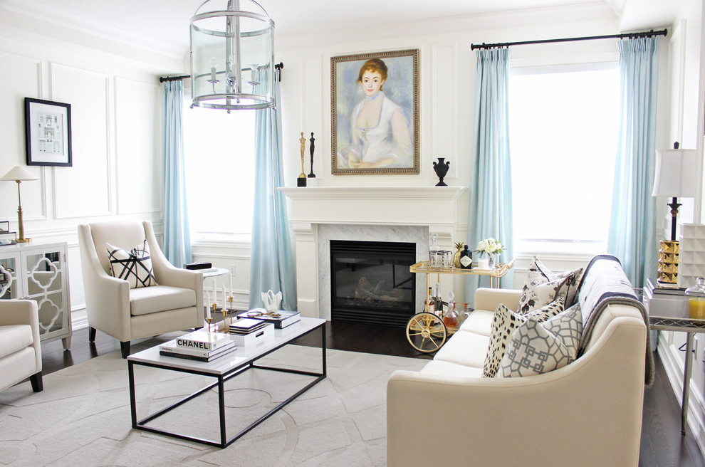 Living room - transitional formal dark wood floor living room idea in Toronto with white walls, a standard fireplace and no tv