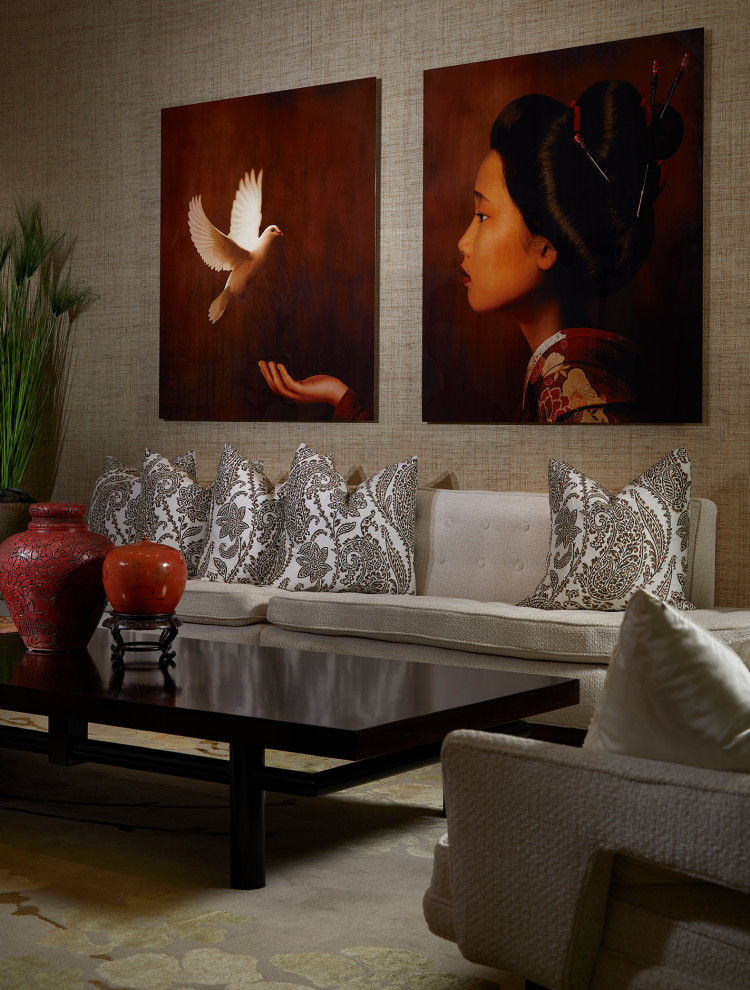 Exemple d'un salon asiatique avec aucun téléviseur et du papier peint.