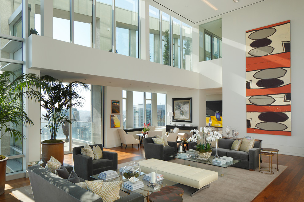 Inspiration for an expansive contemporary living room in San Francisco with white walls.