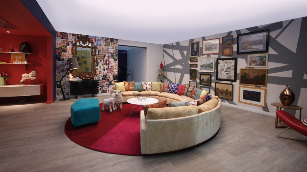 Inspiration för ett eklektiskt vardagsrum, med flerfärgade väggar och laminatgolv