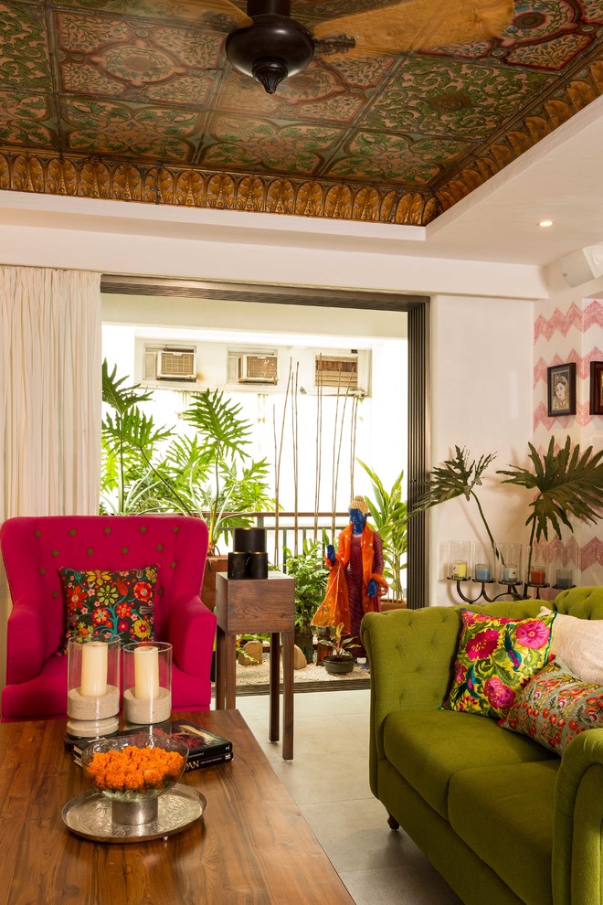 Design ideas for a world-inspired living room in Mumbai.