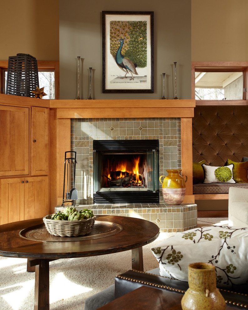 Inspiration for a mid-sized craftsman formal and enclosed carpeted living room remodel in Minneapolis with beige walls, a standard fireplace, a tile fireplace and no tv