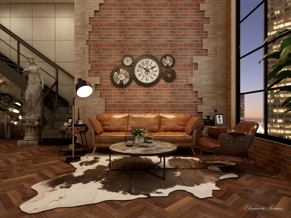 Foto de salón tipo loft urbano con paredes multicolor, suelo de madera oscura y suelo marrón