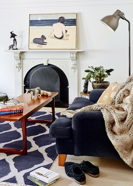 Living room - mid-sized 1960s carpeted living room idea in Melbourne with white walls, a standard fireplace and a wood fireplace surround