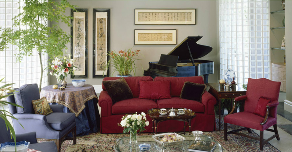 Diseño de salón con rincón musical cerrado asiático sin televisor con paredes azules y suelo de baldosas de cerámica