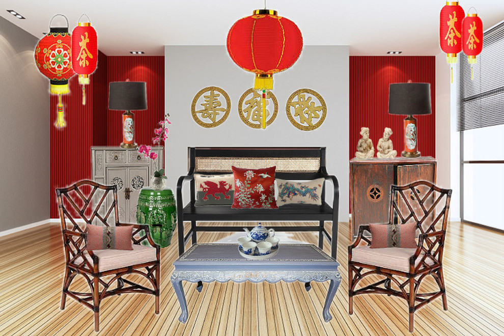 デンバーにある中くらいなアジアンスタイルのおしゃれなリビング (赤い壁、竹フローリング) の写真