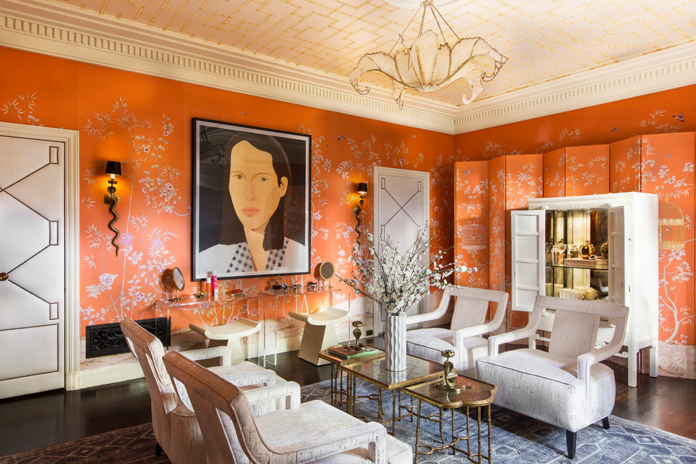 World-inspired living room in Los Angeles with orange walls.