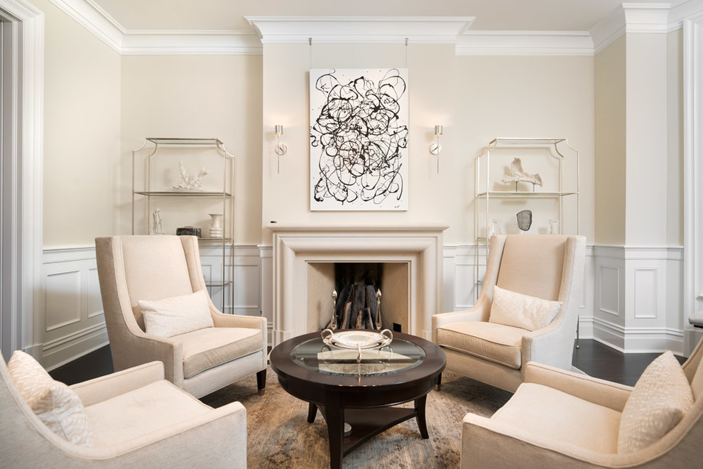 Inspiration for a timeless formal dark wood floor living room remodel in Chicago with beige walls and a standard fireplace