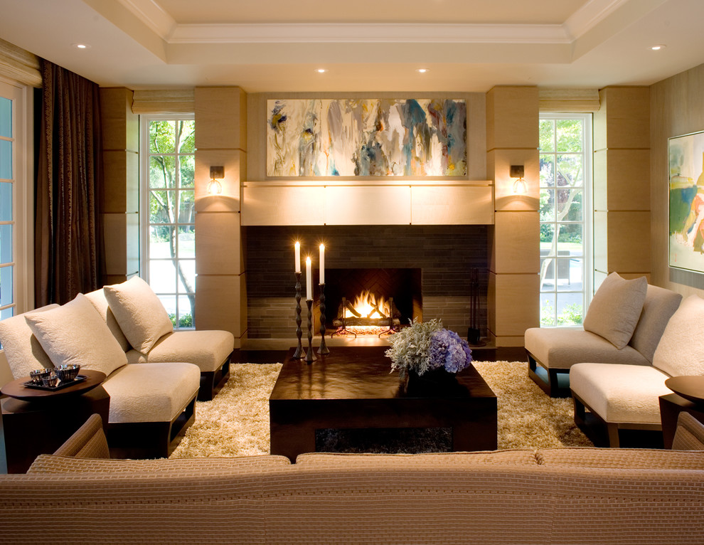 Transitional formal living room photo in San Francisco with a standard fireplace, a tile fireplace and no tv