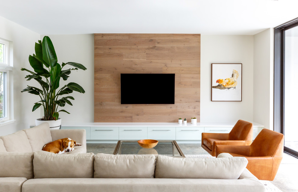 Large trendy formal and enclosed concrete floor and brown floor living room photo in Jacksonville with white walls, no fireplace and a wall-mounted tv