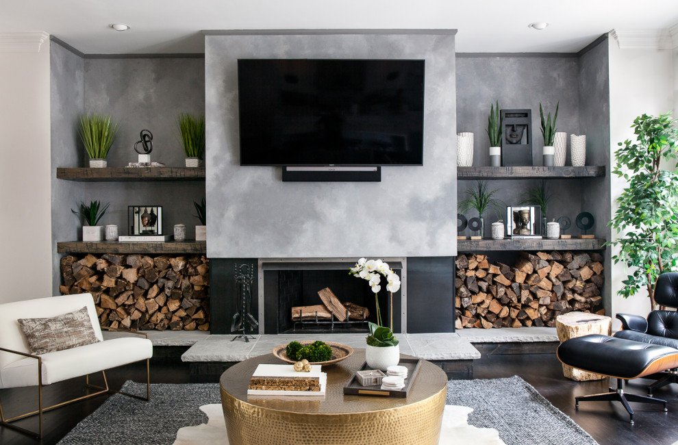 Large transitional brown floor living room photo in Nashville with gray walls, a ribbon fireplace, a tile fireplace and a wall-mounted tv