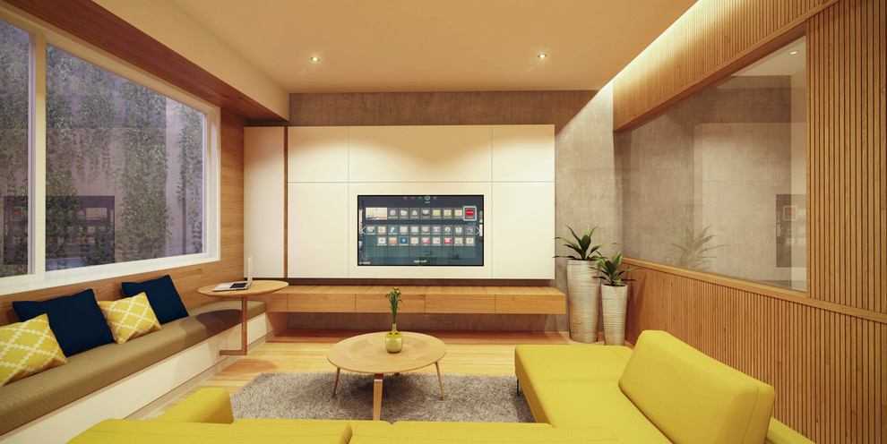 Mittelgroßes, Abgetrenntes Skandinavisches Wohnzimmer ohne Kamin mit grauer Wandfarbe, hellem Holzboden und verstecktem TV in Sonstige