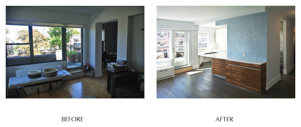 Foto di un soggiorno design di medie dimensioni e aperto con pareti bianche, pavimento in legno massello medio e parete attrezzata