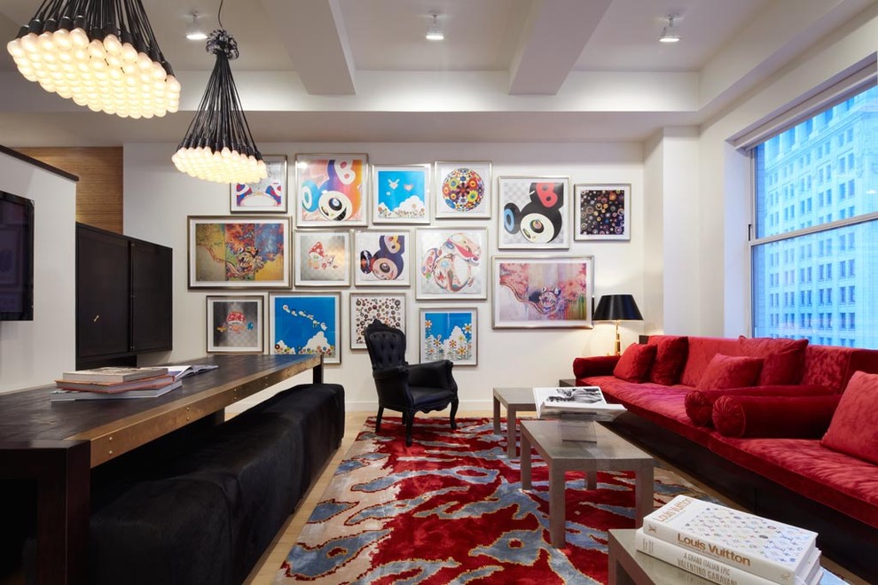 Living room - large contemporary living room idea in New York with white walls and a wall-mounted tv