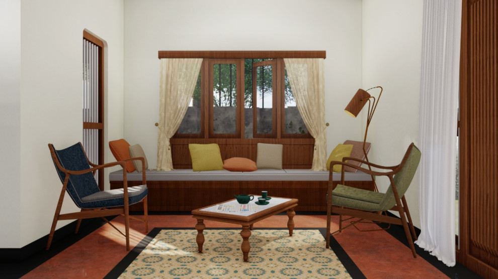 Inredning av ett klassiskt mellanstort separat vardagsrum, med ett finrum, beige väggar, klinkergolv i terrakotta, en fristående TV och rött golv