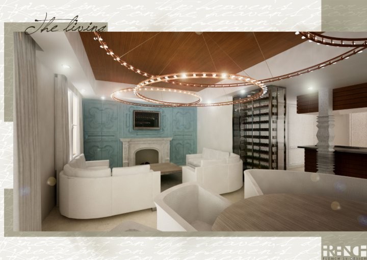 Пример оригинального дизайна: большая двухуровневая гостиная комната в морском стиле с с книжными шкафами и полками, белыми стенами, мраморным полом, стандартным камином, фасадом камина из дерева и мультимедийным центром