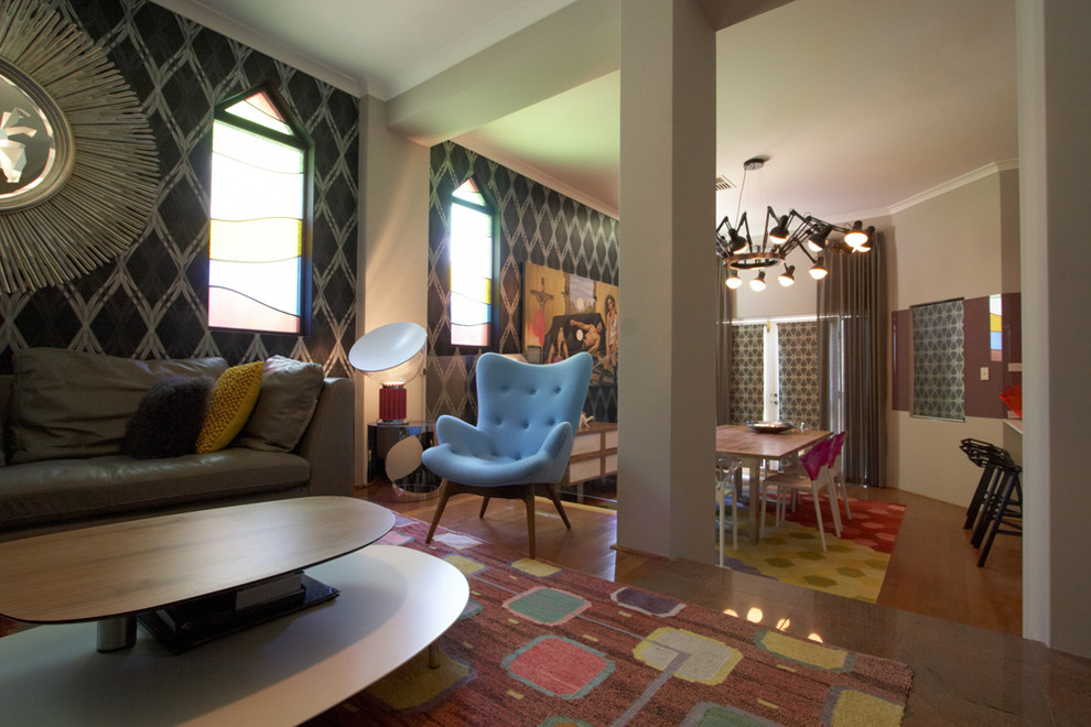 Living room - mid-sized eclectic open concept light wood floor living room idea in Perth