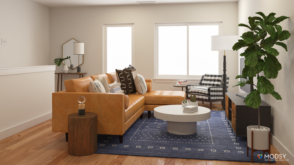 Пример оригинального дизайна: открытая гостиная комната среднего размера в стиле ретро с домашним баром, белыми стенами и отдельно стоящим телевизором