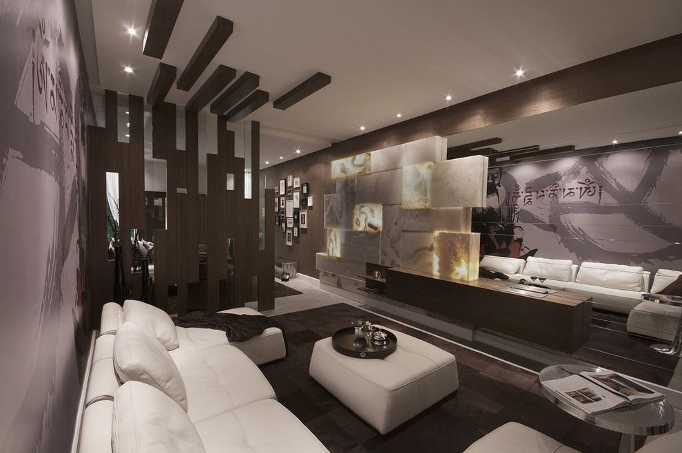 Foto di un grande soggiorno contemporaneo chiuso con sala formale, pareti bianche, pavimento in gres porcellanato e pavimento beige