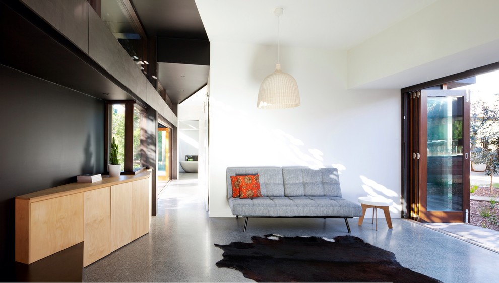 Cette image montre un salon minimaliste avec un mur noir et un sol gris.
