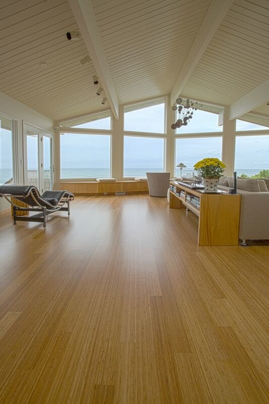 This is an example of a beach style living room in San Francisco with bamboo flooring.