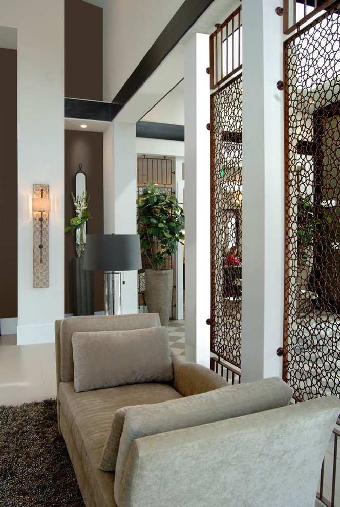 Идея дизайна: парадная, открытая гостиная комната среднего размера:: освещение в современном стиле с белыми стенами и полом из керамогранита без камина, телевизора